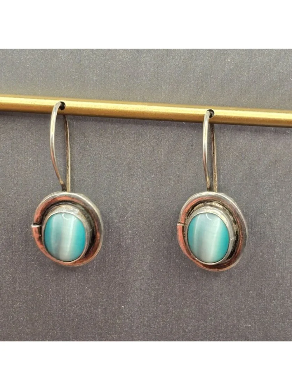 Vintage Sezgin Sterling Silver Blue Cats Eye Drop Earrings Modernist Dangle - Picture 2 of 12